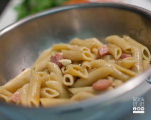 Toss pasta with lemon, butter, ham mixture